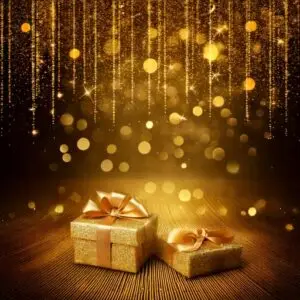 Golden Light Sparkling Square New Year Background, Gold Colored Gifts