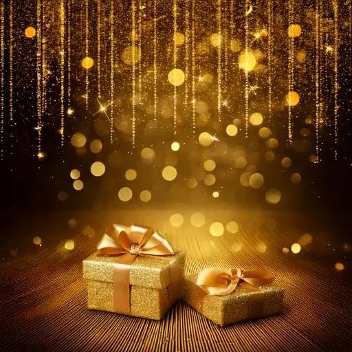 Golden Light Sparkling Square New Year Background, Gold Colored Gifts
