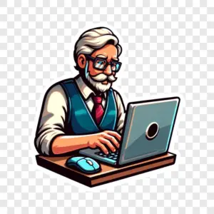 PNG Image Illustration of an Old Man Using a Laptop