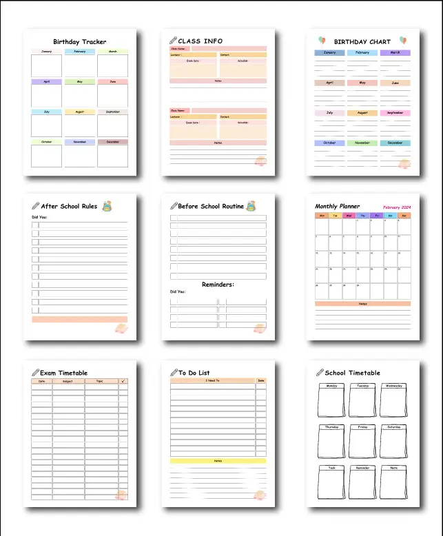 Editable Printable School Planner for Kids