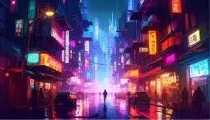 neon cyberpunk city street at night