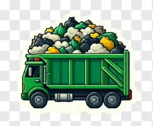 green garbage truck full of trash