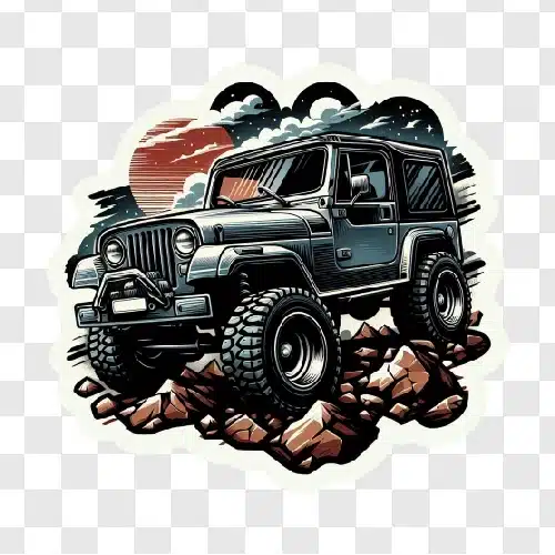 jeep on rocky terrain with sunset sky