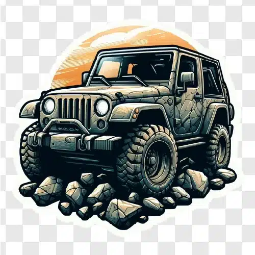 jeep on rocky trail at sunset
