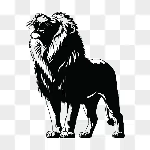 a majestic black and white illustration of a roaring lion