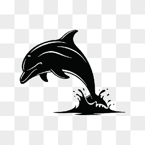 a sleek black dolphin leaps from the water creating a splash