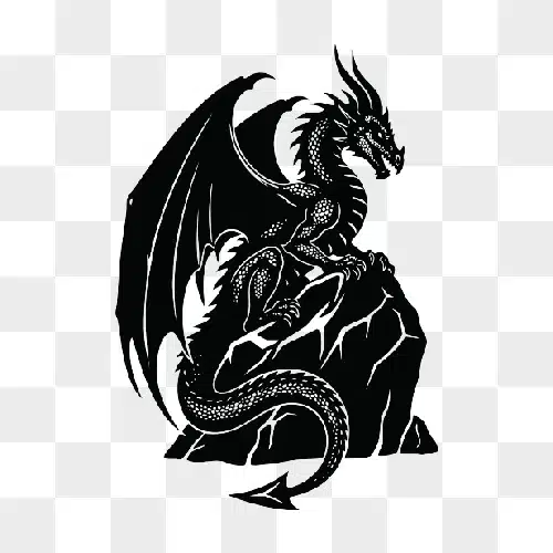 black dragon sitting on rocks fantasy creature illustration