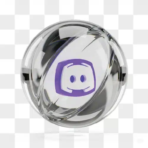 discord logo inside a clear glass sphere with purple accents