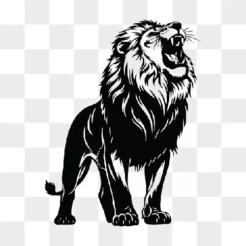 majestic lion roaring with full mane in black and white