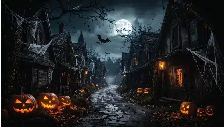 spooky halloween village night scene with jack o lanterns and full moon
