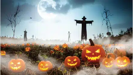 spooky halloween night with glowing pumpkins and a scarecrow in a foggy field