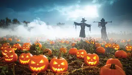 spooky halloween pumpkin patch with scarecrows in the mist