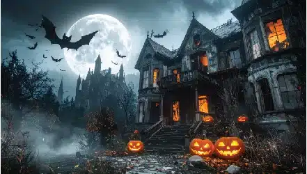 spooky haunted mansion under a full moon with bats and pumpkins