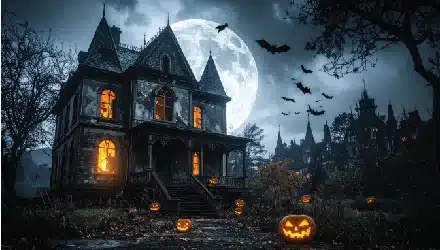 spooky haunted mansion on a hill at night with full moon and bats