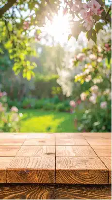 spring garden blooming flowers sunlight wooden table