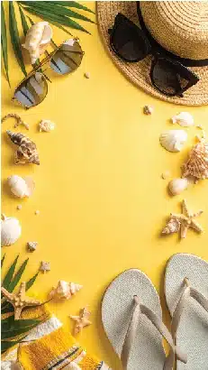 summer beach vacation essentials flat lay