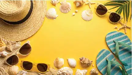 summer vacation essentials flat lay with beach accessories