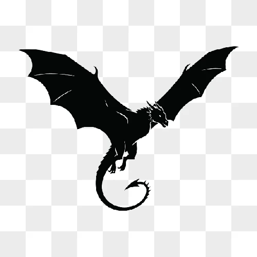 the black silhouette of a dragon flying with wide wings