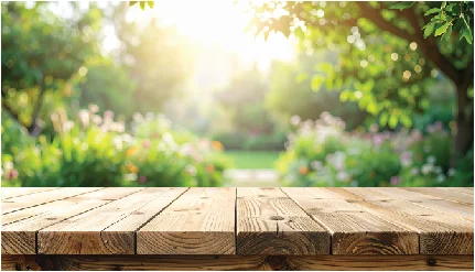 wooden table with sunny garden background