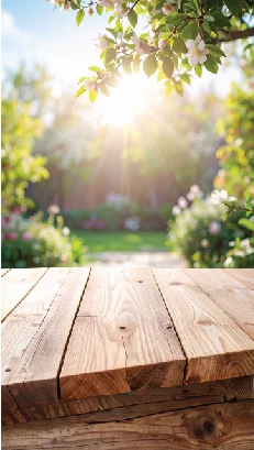 wooden table in a sunny garden with blooming trees