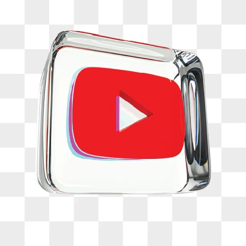 youtube logo in a clear glass block with a glitch effect