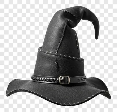 a black witch hat with a buckle and decorative trim edited