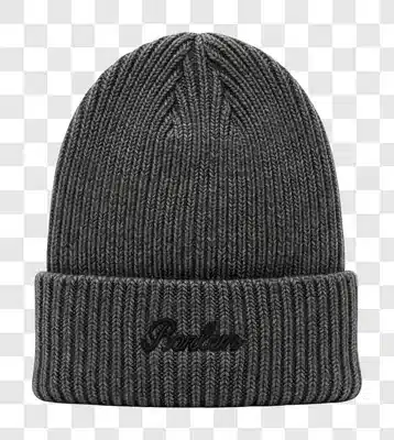 A dark grey knitted beanie with a black embroidered logo on the cuff,beanie,topi,knit,grey,abu-abu