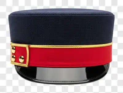 a formal navy blue cap with a red band and gold accents