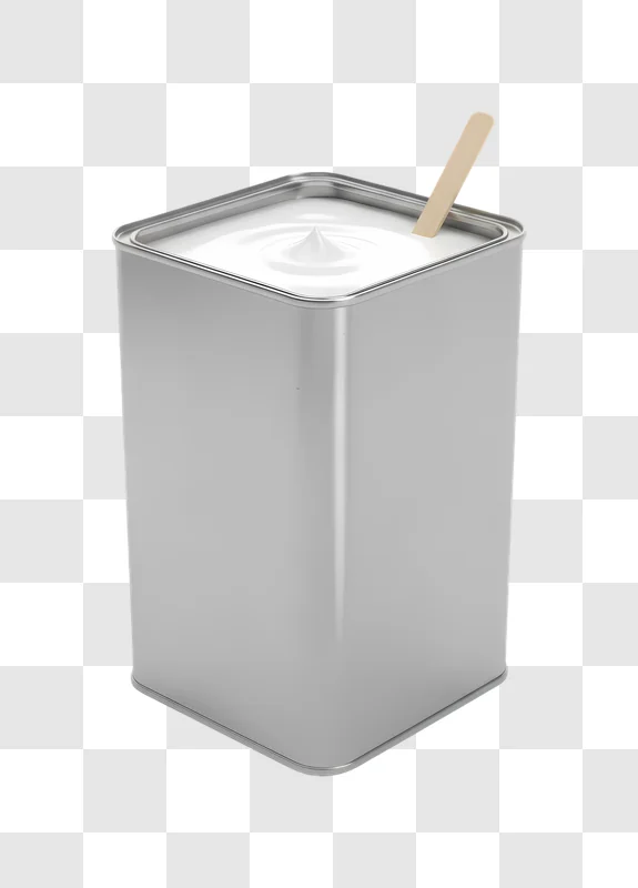 a large metal can filled with white liquid and a wooden stick edited