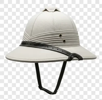 a light colored pith helmet with a black chin strap