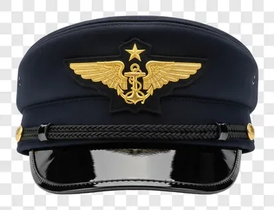 a navy blue pilot cap with gold insignia