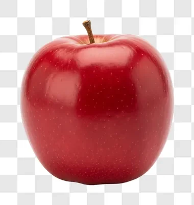 a single ripe red apple with a stem on a white background