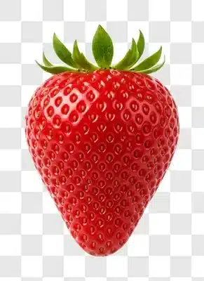 a single ripe red strawberry with green leaves on a white background