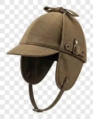 a stylish brown tweed deerstalker hat with ear flaps and chin strap
