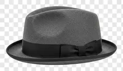 a stylish gray fedora hat with a black ribbon band