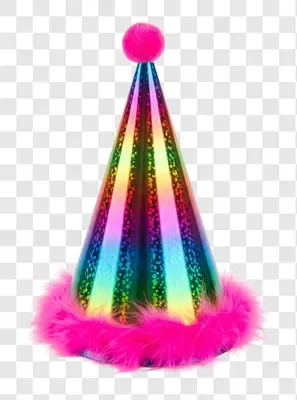 a vibrant rainbow party hat with a pink fluffy trim and a pink pompom on top