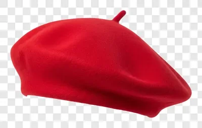 a vibrant red beret hat positioned on a plain white background