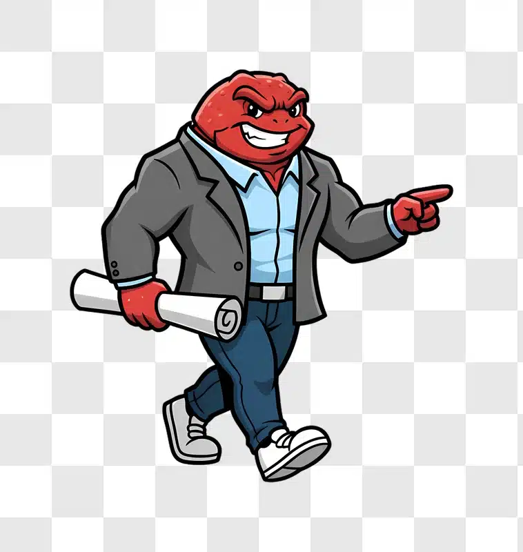angry red monster businessman holding blueprint pointing forward edited