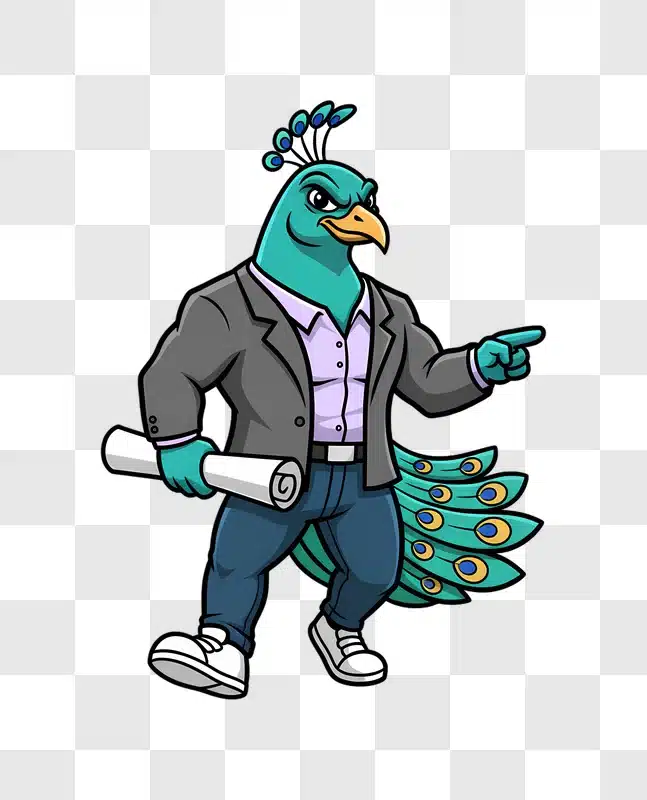 anthropomorphic peacock businessman holding blueprint pointing forward edited