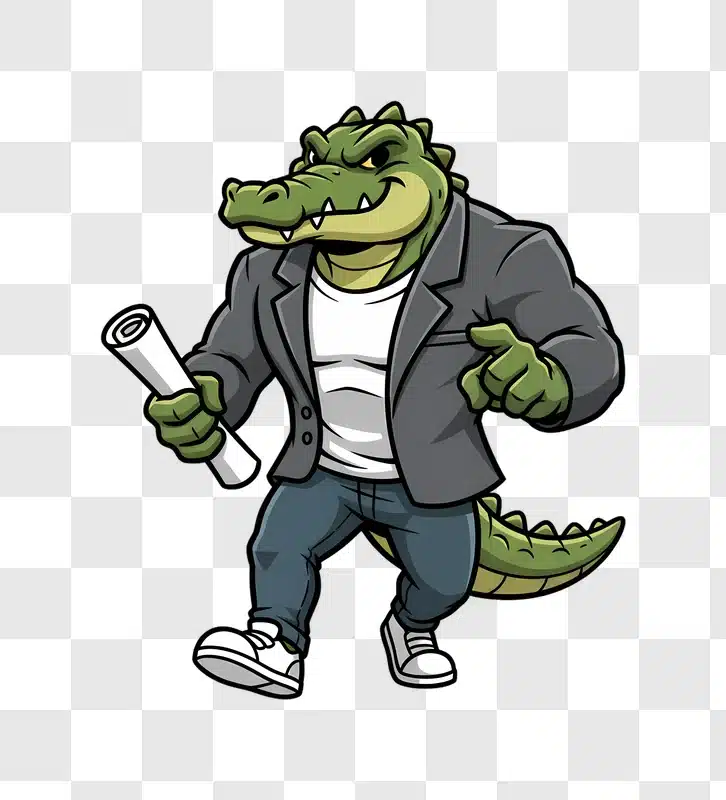 anthropomorphic alligator character in business attire holding a scroll edited