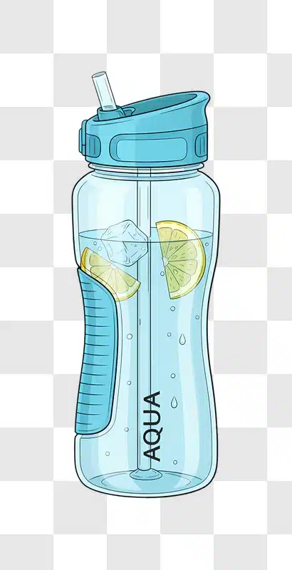 aqua water bottle with lemon slices and ice cubes edited