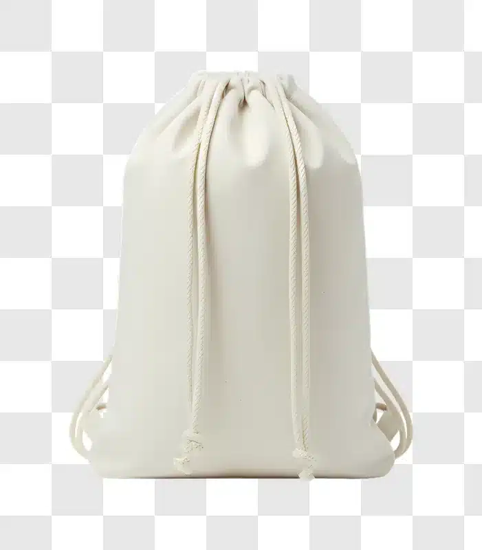 beige canvas drawstring backpack isolated on white background edited