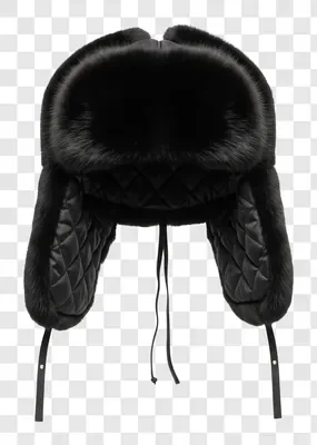 black fur ushanka hat with quilted ear flaps and ties