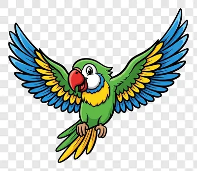 cartoon parrot flying with open wings and colorful feathers