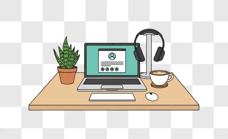 desk setup with laptop headphones coffee and plant edited
