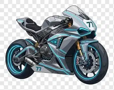 futuristic motorcycle with neon accents and number 77