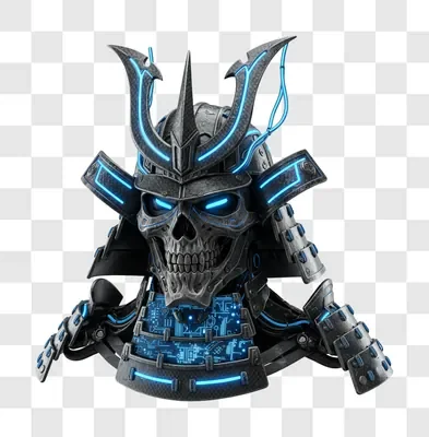 futuristic samurai skull warrior with neon blue accents