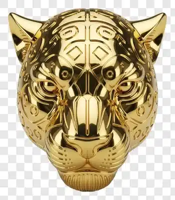 golden jaguar head sculpture front view