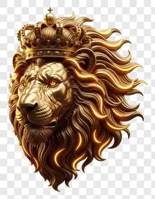 golden lion head with majestic crown symbolizing royalty and power