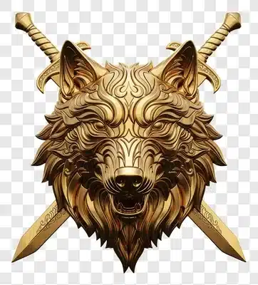 golden wolf head with crossed swords emblem